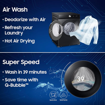 Samsung WD12FB7B34GBTL 12kg/7kg 5 Star AI EcoBubble Wi-Fi Inverter Fully Automatic Front Load Washer Dryer – Black | AI Control, Hygiene Steam, Air Wash