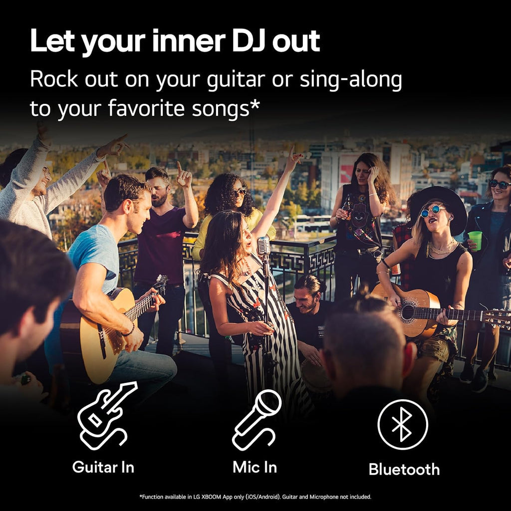 LG XL9T XBOOM 2.0 Ch Portable Bluetooth Party Speaker with Dual 8” Woofers, Pixel LED Lights, DJ & Guitar Input, IPX4 Water Resistance – Black