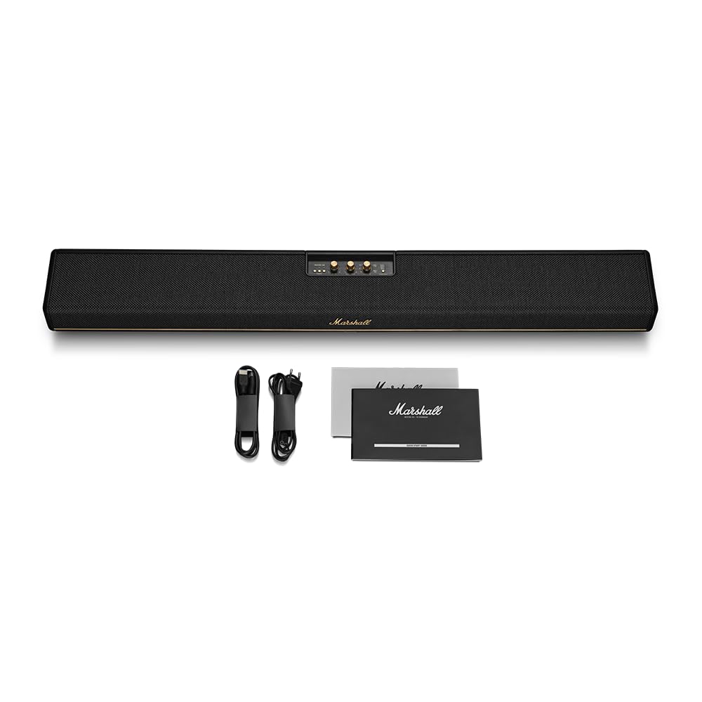Marshall Heston120 soundbar with Dolby Atmos & DTS:X, Wired & Wireless Subwoofer Connectivity – Dual HDMI, RCA, Bluetooth, WiFi, Google Cast, Spotify, Airplay2