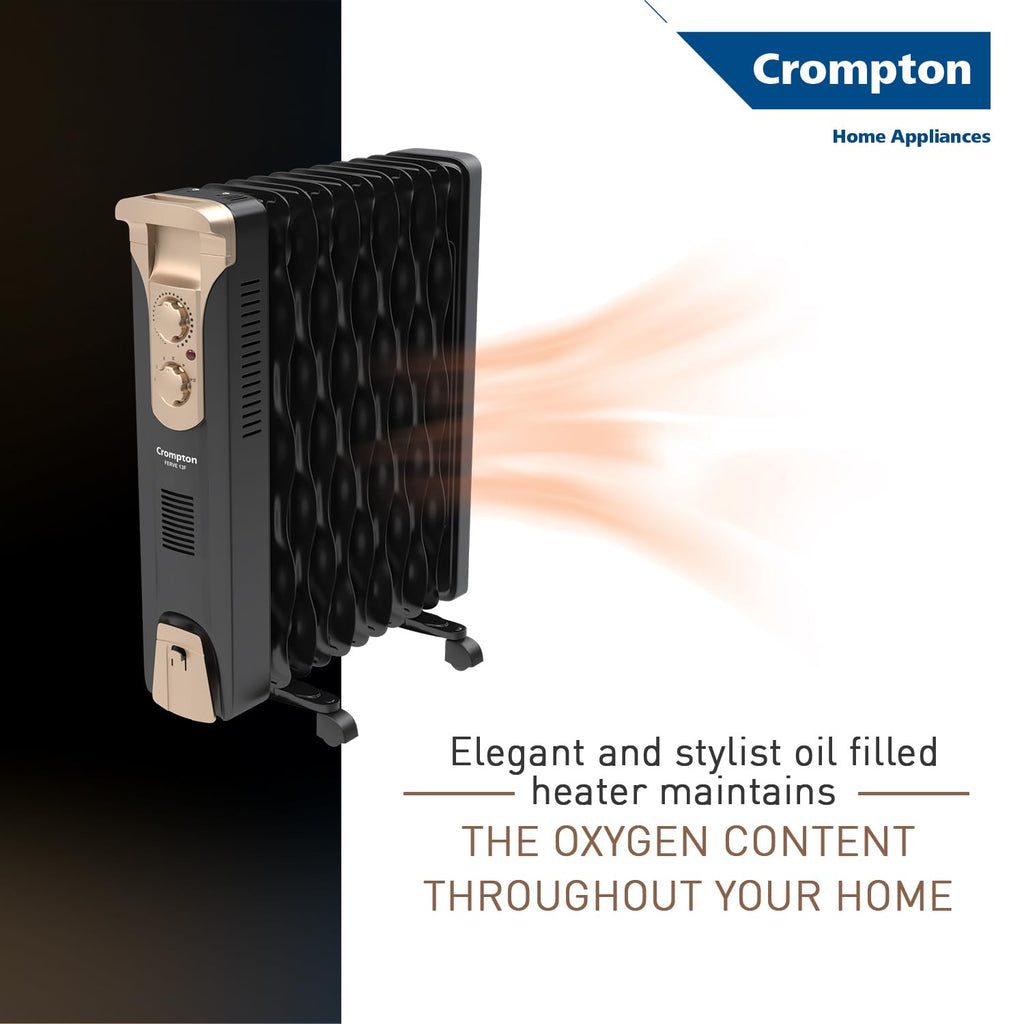Crompton OFR2900W13F 13 Fin Insta Ferver wave Fin OFR (Oil Filled Radiator)|Room Heater|2900 W|3 Heat Settings & PTC Fan Heater|Comfortable Breathing|360° Heating (Black)|2yrs warranty | Black & Copper