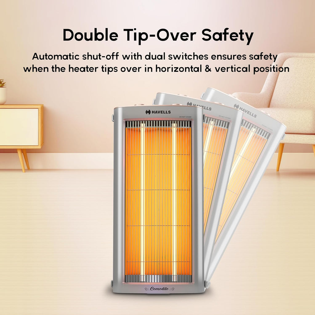 Havells Comodito 900 Watt Room Heater | Safety Grill, 120 Minute Sleep Timer Control knob | Rust Free Stainless Steal Reflector, Carbon Fiber Rods, Power Off & Heat Setting | (Pack of 1, Grey) GHRGHCHE090