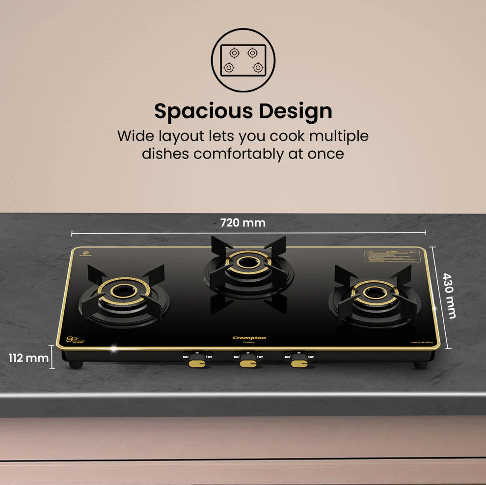 Crompton Oressa CKT-ORR723-MSB 3 Burner 72 cm Slim Glass Cooktop