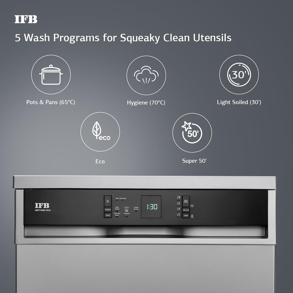 IFB Neptune VX15 15 Place Settings Dishwasher | DeepClean® Technology | 70°C Hot Wash & Steam Dry | Freestanding | Perfect for Indian Utensils – Dark Silver