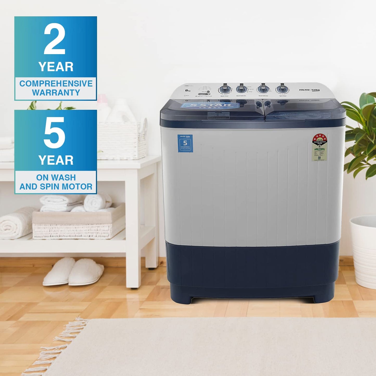 Voltas Beko WTT80DBLT 8 Kg Semi-Automatic Top Load Washing Machine | Double Waterfall | Soft Close Lid | Dual Cassette Filter | 1300 RPM Fast Dry | Sky Blue | Suraj Electronics