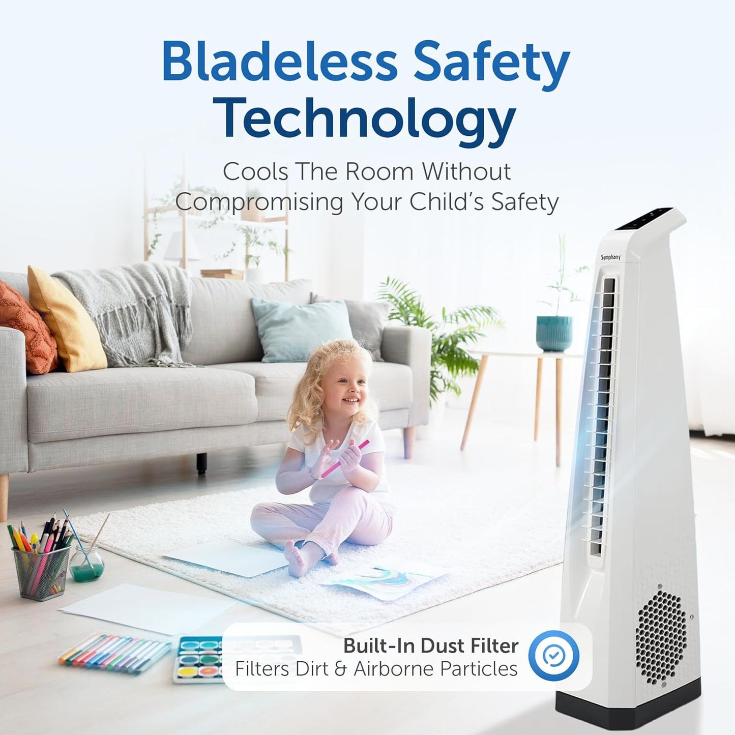 Symphony Surround-i Bladeless Tower Fan for Room | High-Speed with Swivel Action, Touchscreen Control Panel & Remote | 1 Year Warranty | White