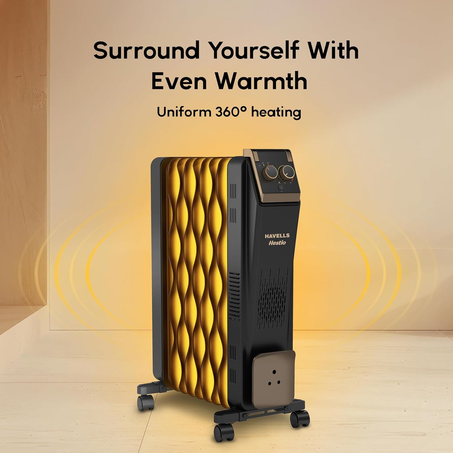 Havells GHROFCJK240 9 Fin Hestio Wave Fin OFR (Oil Filled Radiator)|Room Heater|2400 W|3 Heat Settings & PTC Fan Heater|Inclined Control Panel|Retractable Wheels| Comfortable Breathing|360° Heating (Black)