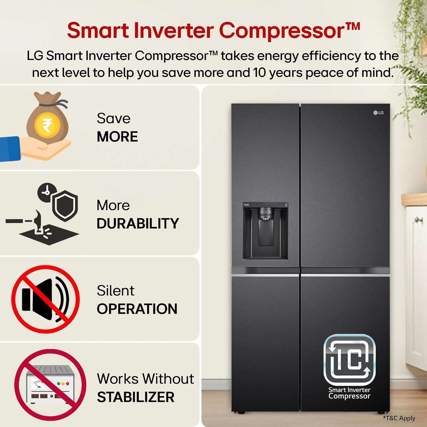 LG GL-L257CMC3 630L 3 Star Side-by-Side Refrigerator – Wi-Fi Convertible, Door Cooling+, Hygiene Fresh+, Smart Inverter, Water & Ice Dispenser | Matt Black