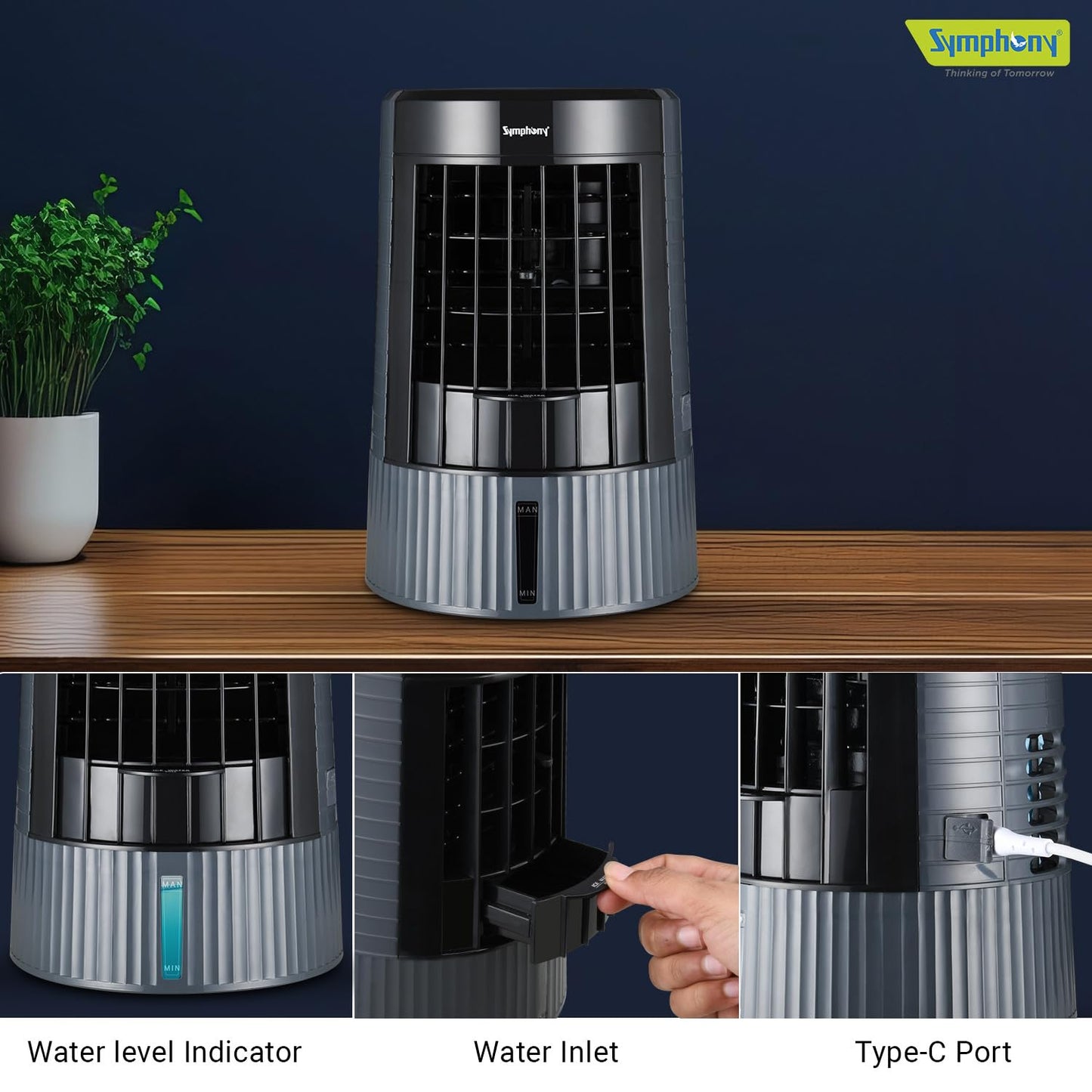 Symphony Duet Mini Portable Tabletop Air Cooler for Home and Office with Whisper Quiet Operation and Touch Control(Grey)