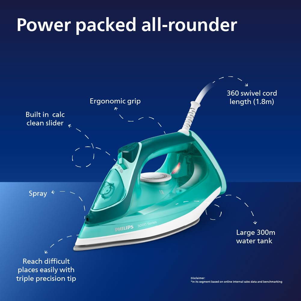 Philips DST3030/70 2400W Steam Iron with Ceramic Soleplate, 180g Steam Boost & Auto Shut-Off – Green