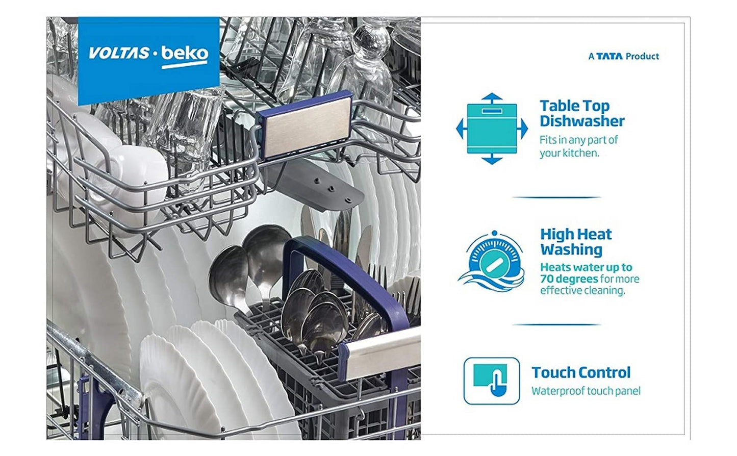 Voltas Beko DT8S 8 Place Settings Table Top Dishwasher (Silver) | Inbuilt Heater | 6 Wash Programs | Suraj Electronics Delhi NCR