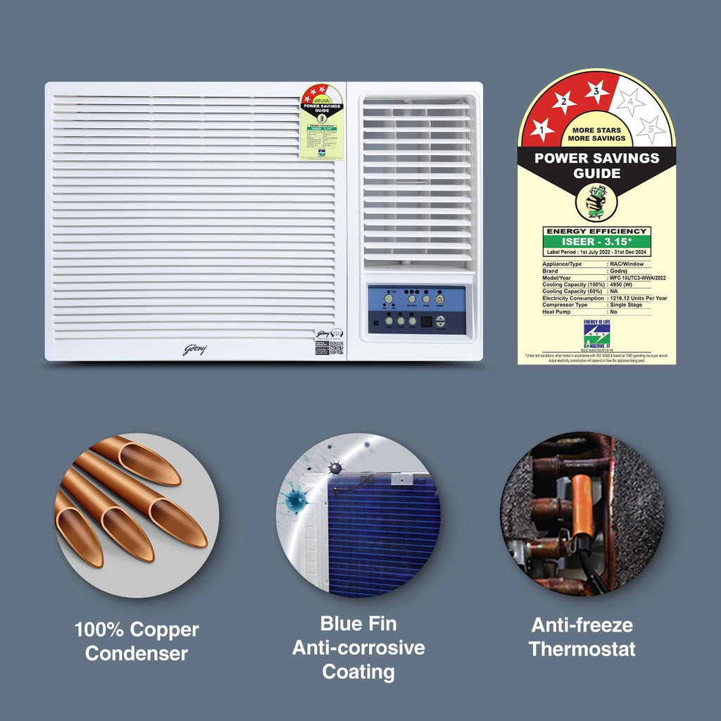 Godrej WFC 12UTC3-WWA 1 Ton 3 Star Window AC (Turbo Mode, Copper Condenser, Blue Fin, R32 Refrigerant, Dust & Anti-Bacterial Filter, White)