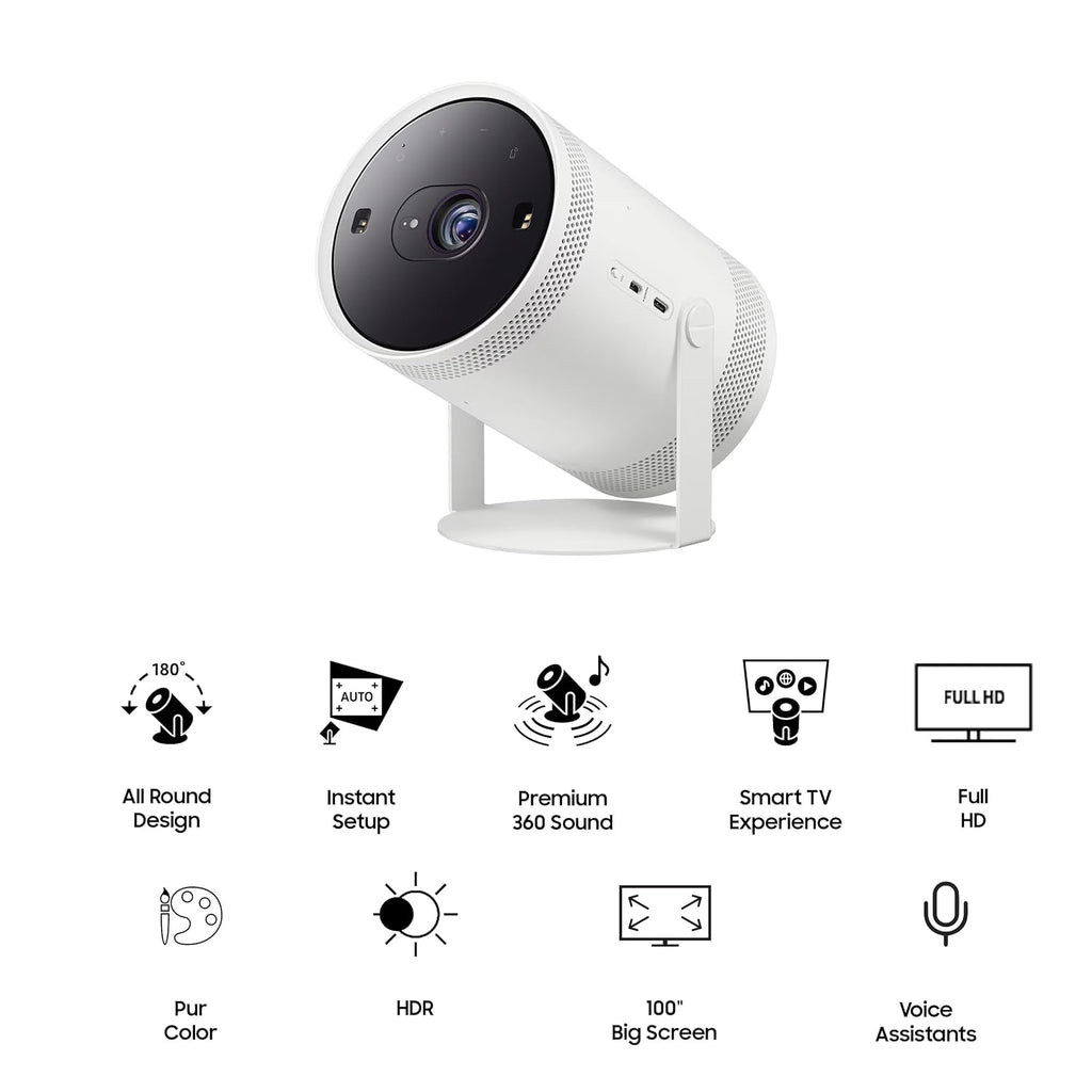 Samsung SP-LFF3CLAXXXL The Freestyle 2nd Gen Portable Compact Smart LED Projector with in-Built OTT Apps ( HDR 10+, Wi-Fi, Premium 360° Sound, All Round Design, Instant Setup, White)