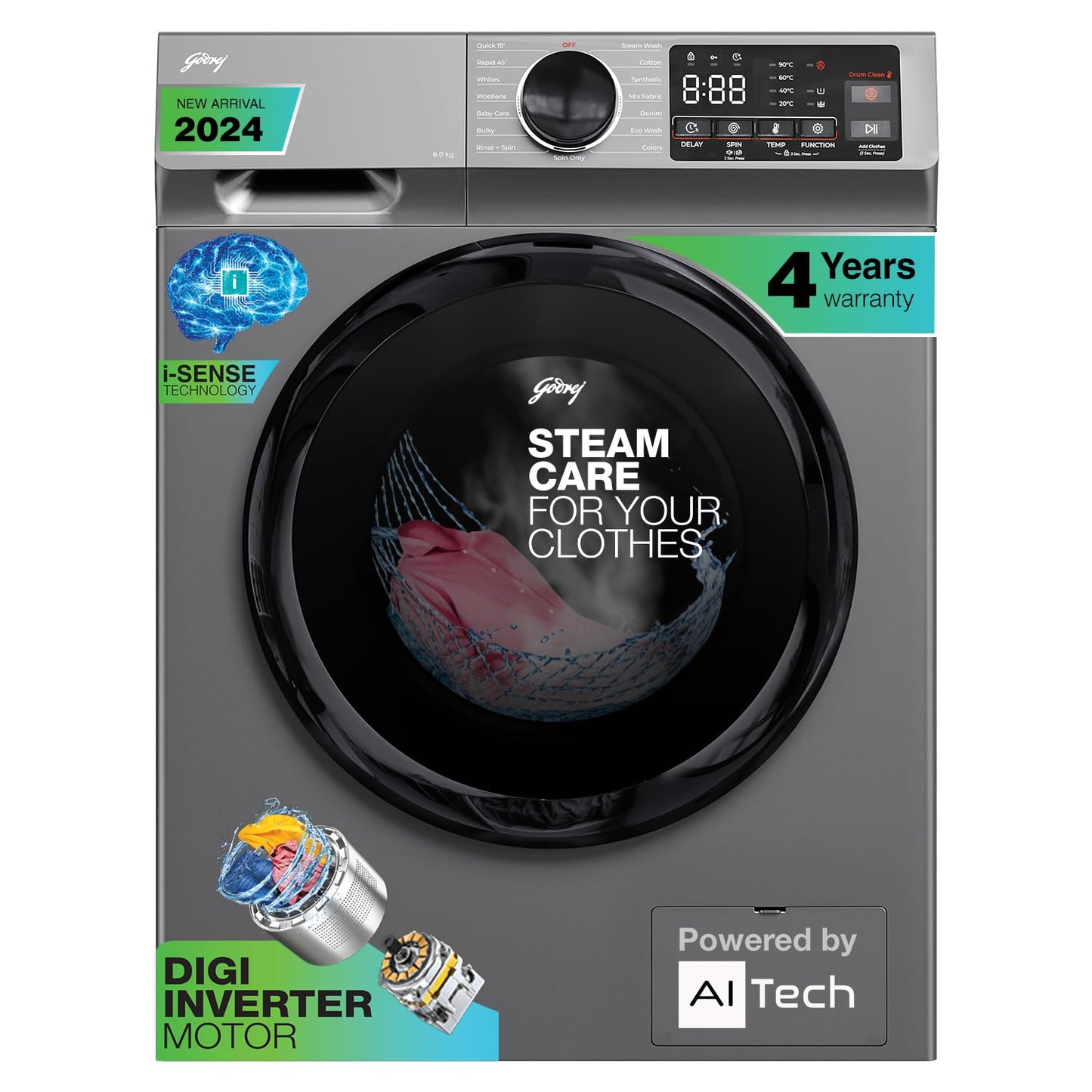 Godrej WFEON CEL 9014 IEBT SLSR 9 Kg 5 Star AI Tech Front Load Washing Machine | Steam Wash | 1400 RPM | Inverter Motor | Buy @ Suraj Electronics Delhi NCR