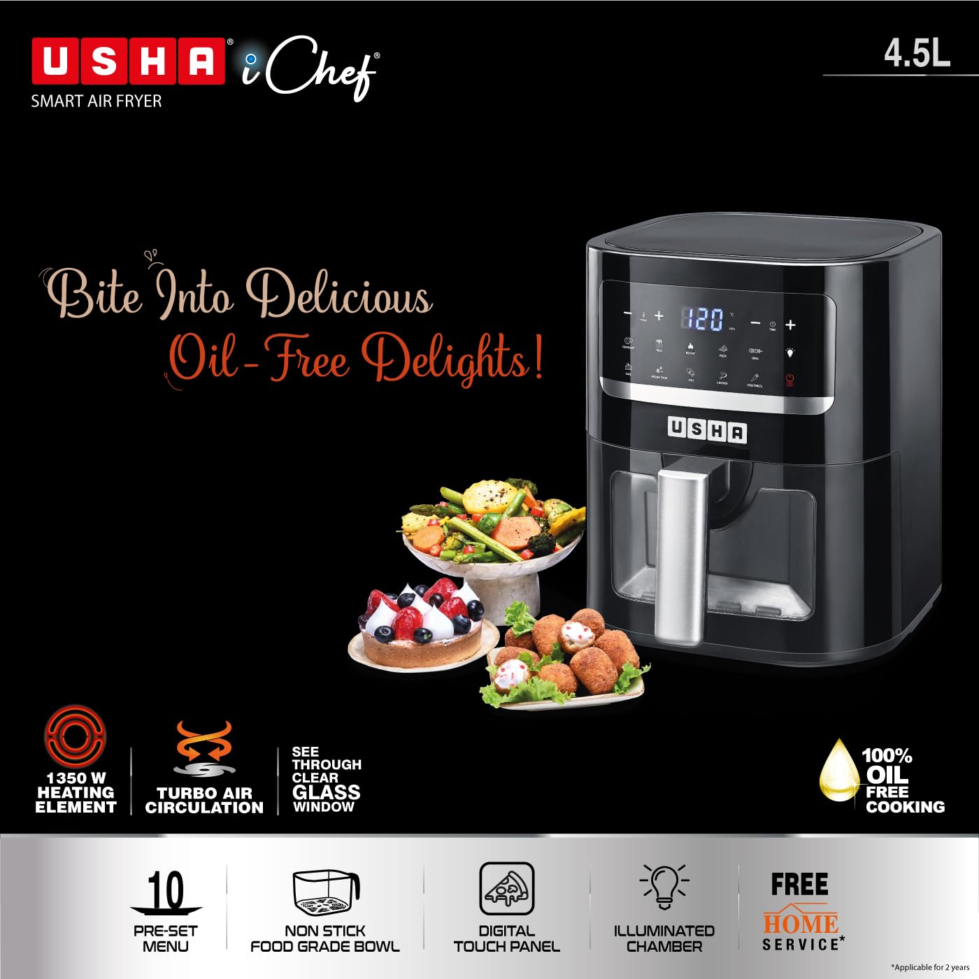 Usha Smart Air Fryer 4.5L | 10-in-1 Functions | 1350W Turbo Air Circulation | Auto Pause | Suraj Electronics Delhi NCR