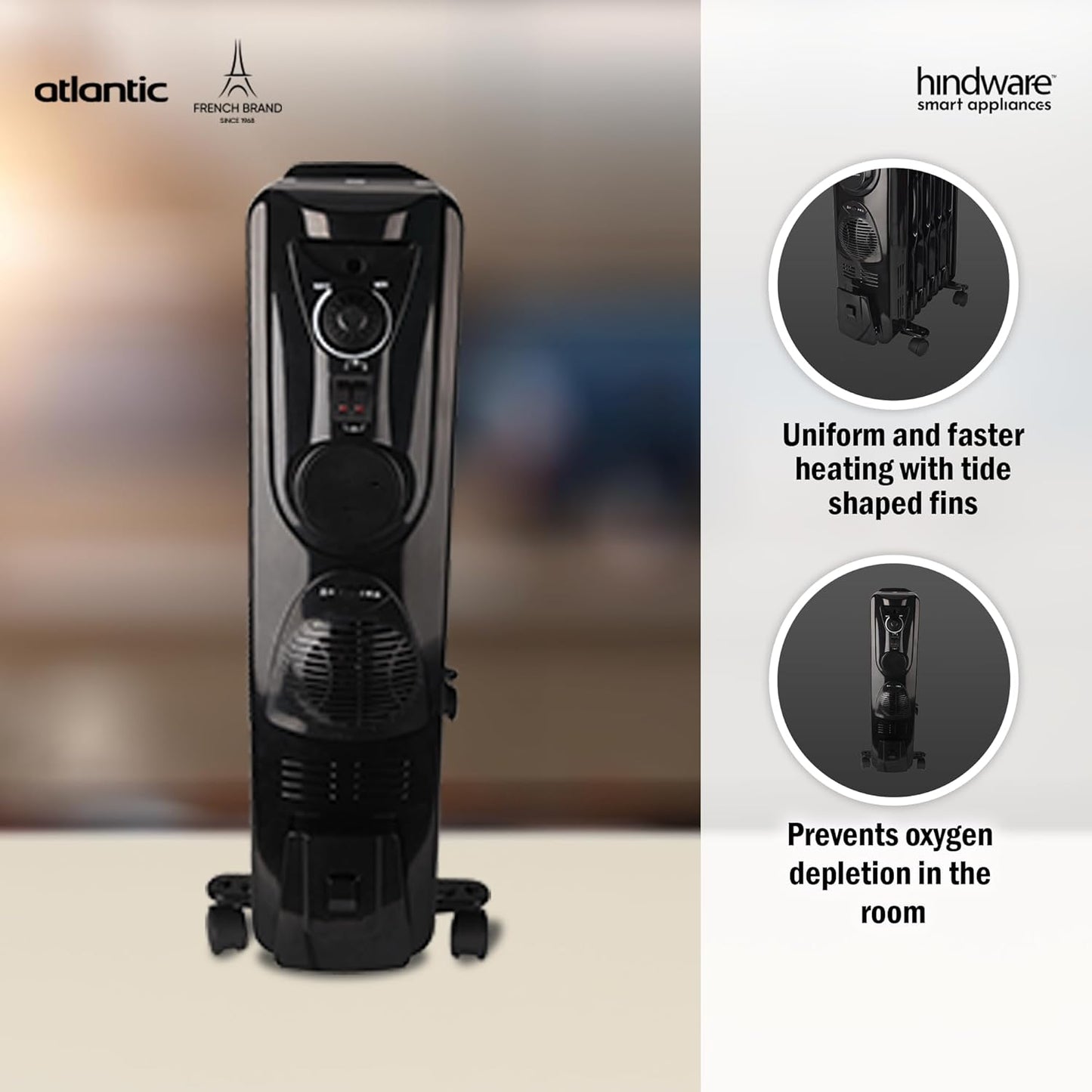 Hindware Atlantic Velda 9 Fin 2500 W Oil Filled Room Heater with PTC Fan | 3 Heat Settings | Overheat Safety | Suraj Electronics Delhi NCR