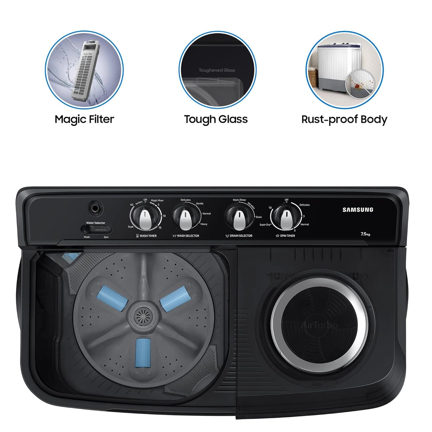 Samsung WT75B3200GD/TL 7.5 Kg 5 Star Semi Automatic Top Load Washing Machine | Hexa Storm Pulsator, Air Turbo Drying