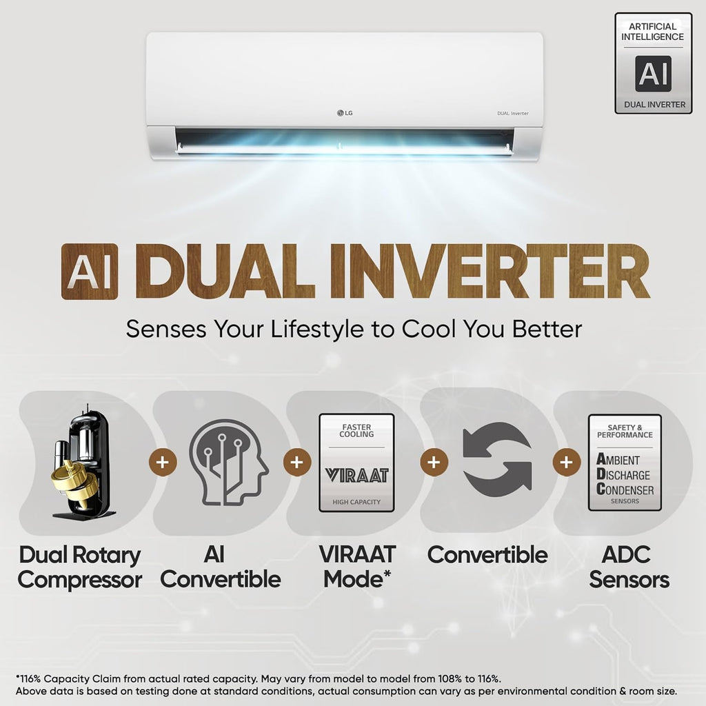LG US-Q12CNXE 1 Ton 3 Star 2025 Model AI DUAL Inverter Split AC (6-in-1 Convertible Cooling, Anti-Virus Filter, White)