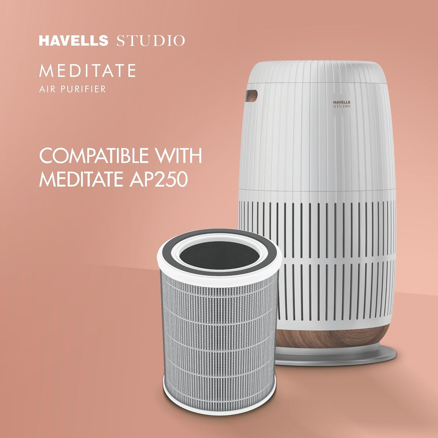 Havells Studio Meditate AP 250 Air purifier  | Remote Control with TiO2 module & Integrated H14 HEPA filter (Silver Satin)