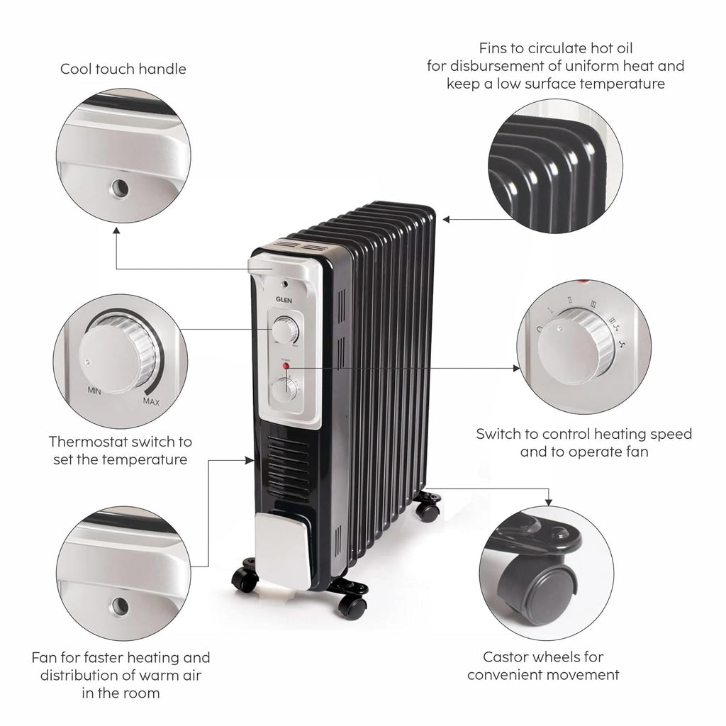 Glen HA7015OR13 13-Fin 2500W Oil Filled Radiator Room Heater with 400W Turbo Ceramic Fan, Adjustable Thermostat, ISI Certified, Noise-Free Heating – Made in India