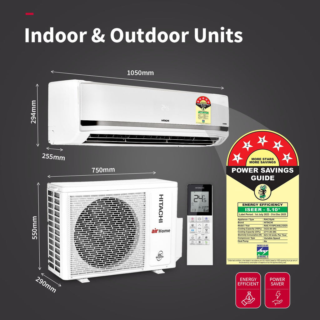 Hitachi RAS.Y518PCAISL2  1.5 Ton Class 5 Star, Heavy Duty, Wifi-enabled, ice Clean, Xpandable+, Inverter Split AC (100% Copper, Dust Filter, 5700XXL  White)