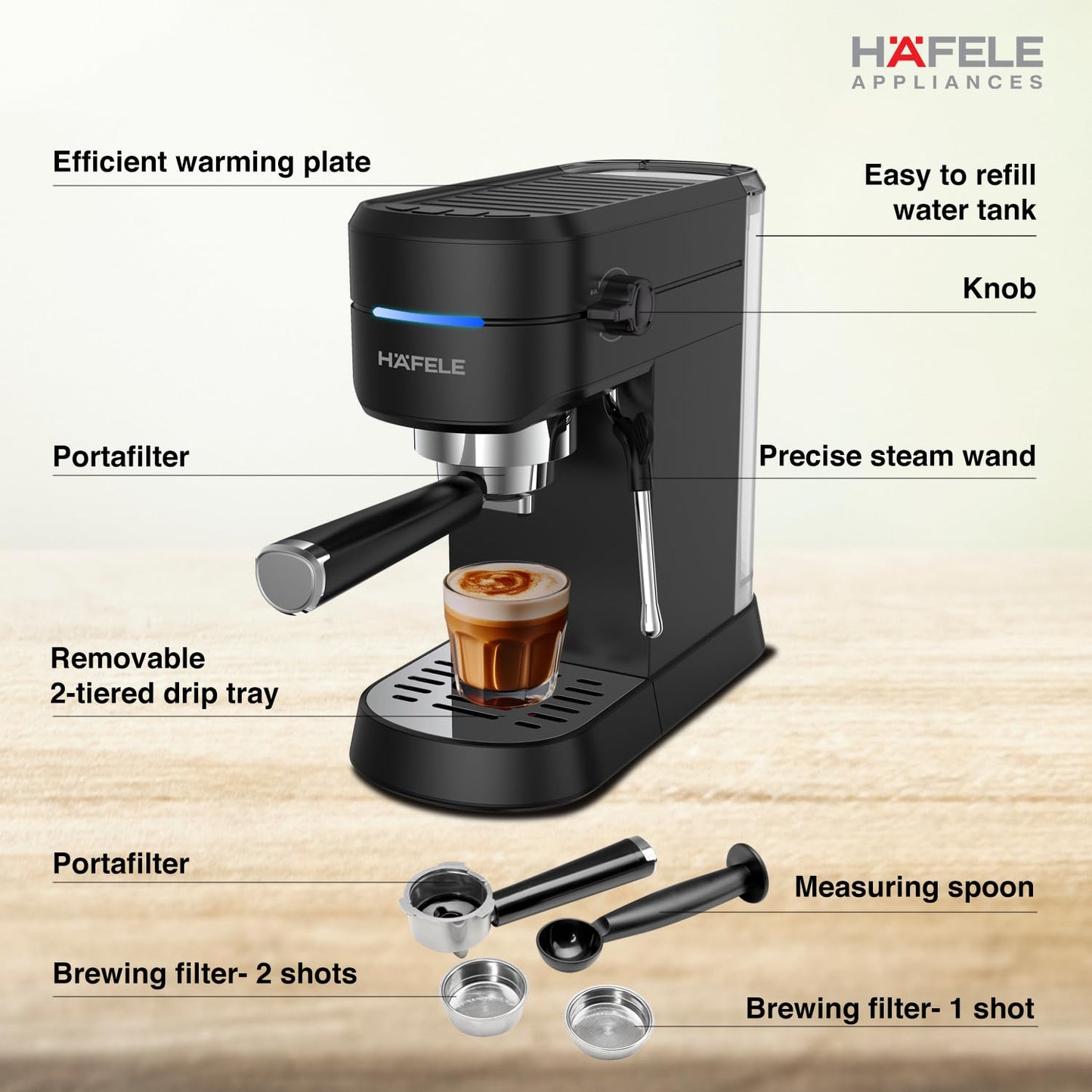 Hafele U-Kaffee Espresso Coffee Machine | 15-Bar Pressure | Adjustable Milk Frother | Thermoblock 1450W | Suraj Electronics Delhi NCR