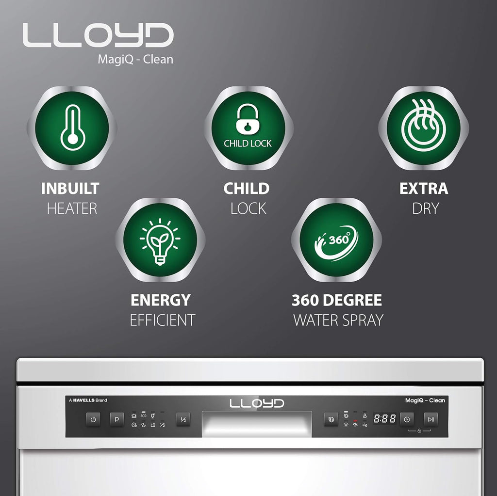 Lloyd 13 Place Settings Dishwasher (LDWF13PSE1DD) – 70°C Hot Wash, 360° Water Spray, Extra Dry, Half Load, Freestanding | Stainless Steel, Silver