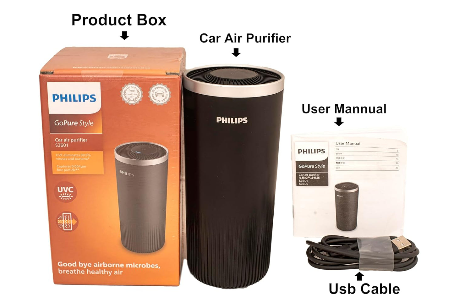 Philips GoPure Style S3601 Car Air Purifier with HEPA filteration captures particles as small as 0.004um (Equivelant to H14 Grade), UVC light eliminating >99.9% of bacteria and viruses, Ozone free certified product.