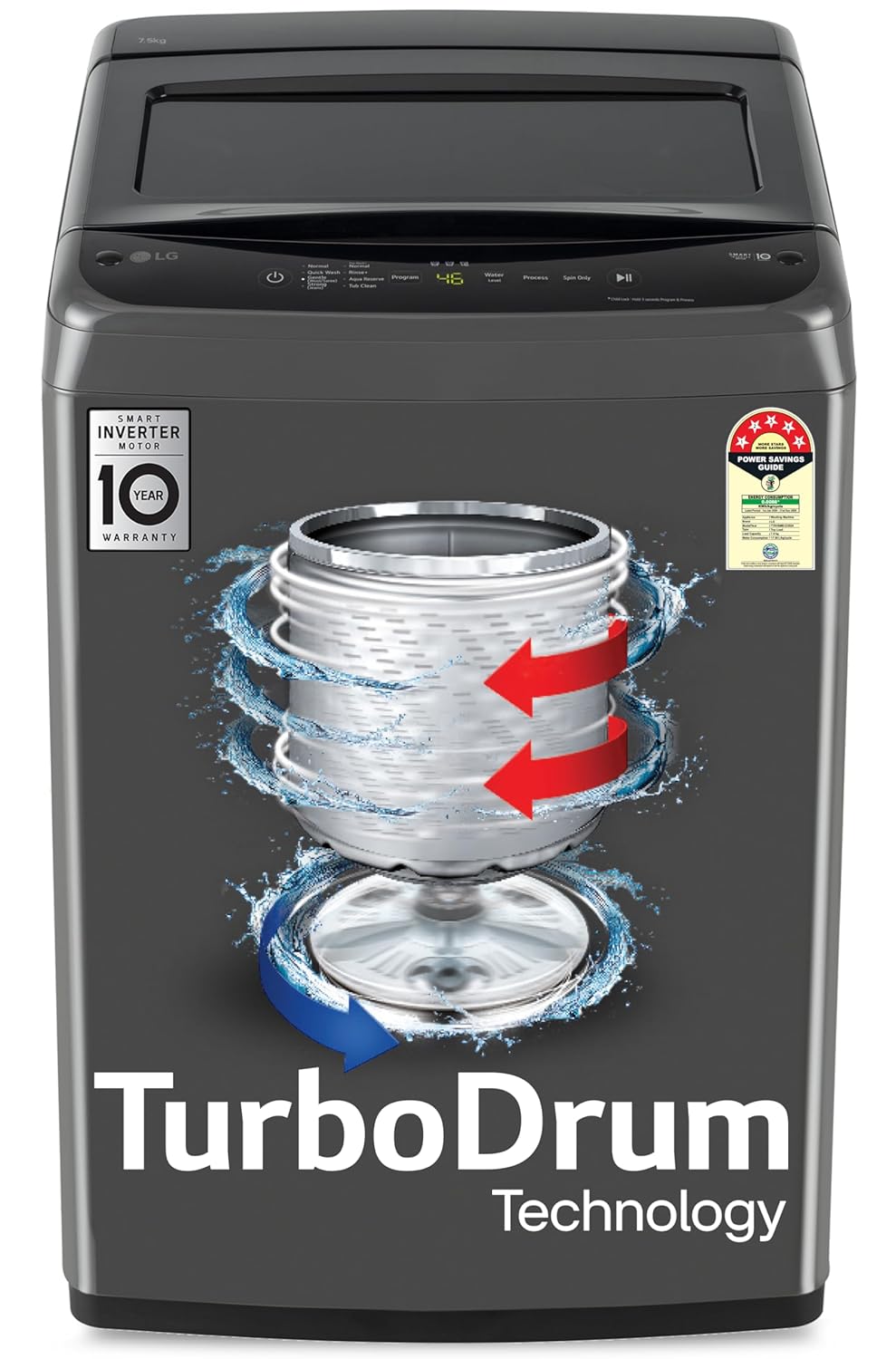 LG T75VBMB1Z 7.5 Kg 5 Star Fully Automatic Top Load Washing Machine with Smart Inverter, TurboDrum & Auto Pre Wash – Middle Black