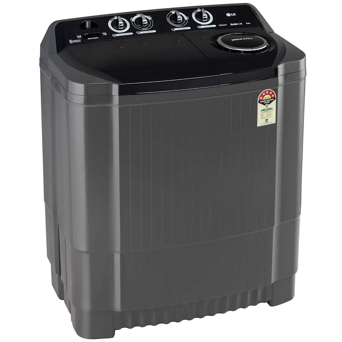 LG P8535SKMZ 8.5 Kg 5 Star Wind Jet Dry Rat Away Technology Semi-Automatic Top Loading Washing Machine ( Roller Jet Pulsator, Collar Scrubber, Middle Black)
