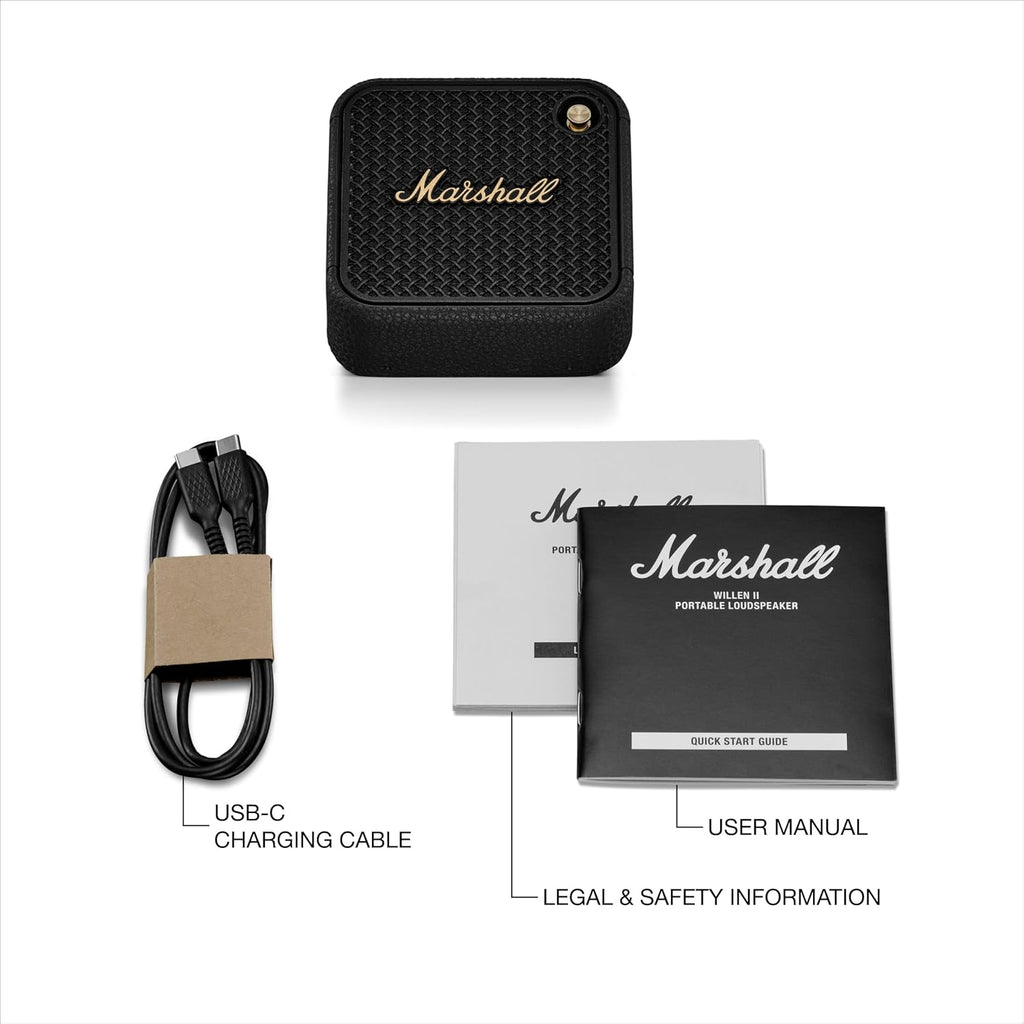Marshall Willen II Portable Bluetooth Speaker (Black & Brass) – 17+ Hours Playtime, IP67 Dust & Waterproof, Built-in Mic, Strap Mount, Compact Design