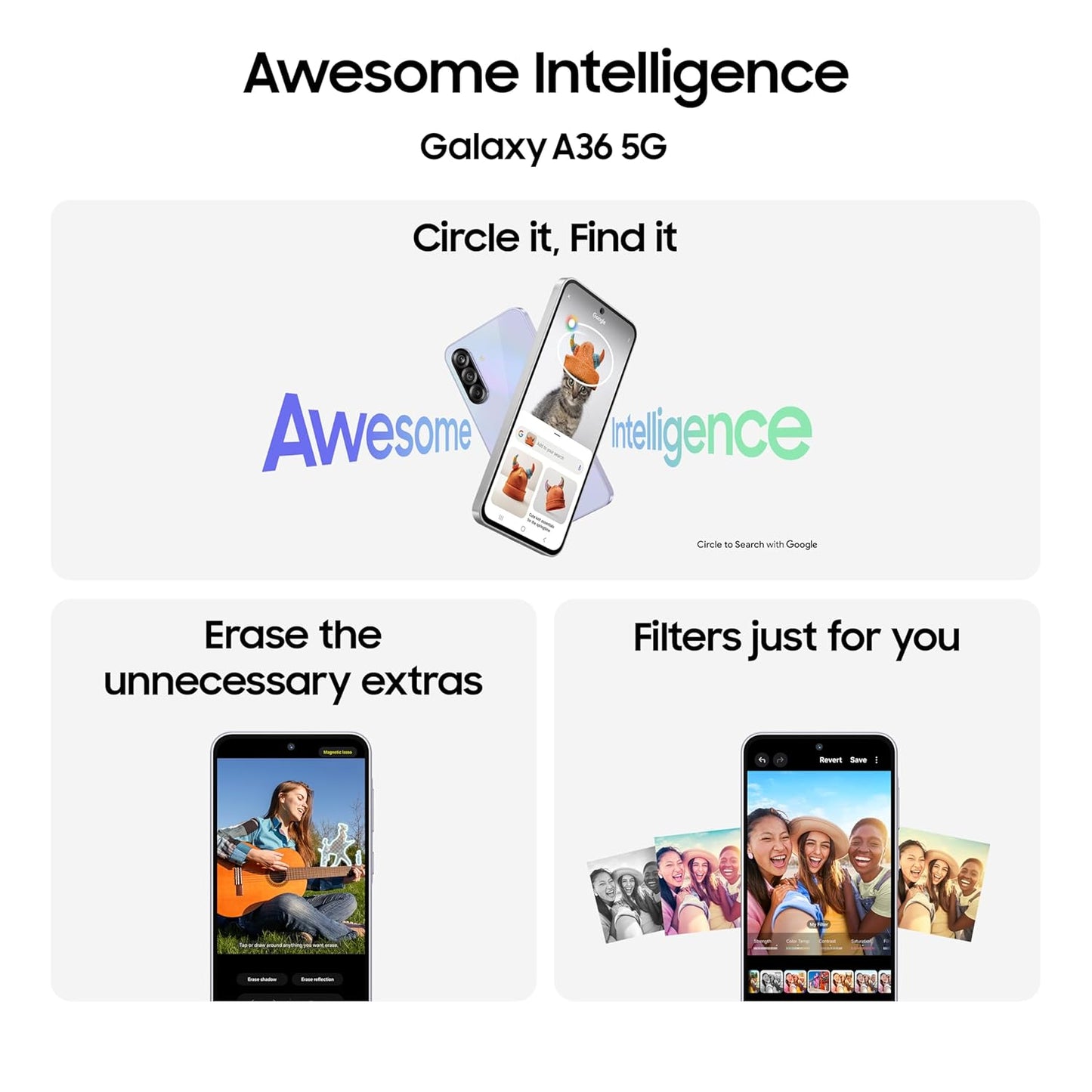 Samsung Galaxy A36 5G (Awesome Black, 12GB, 256GB) | Awesome Intelligence: Circle to Search, Intelligent Editing | Awesome 4nm Snapdragon Processor | Flagship Grade Selfie Camera