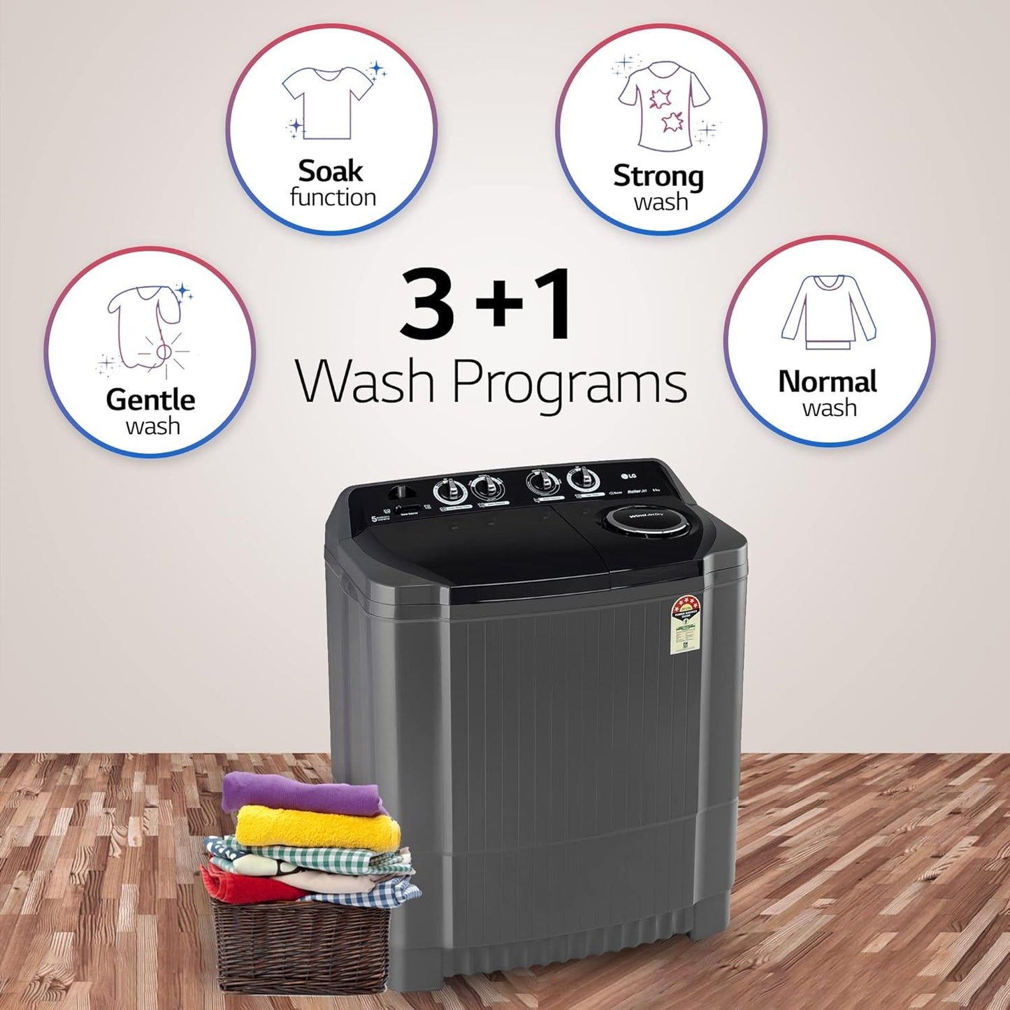 LG P8535SKMZ 8.5 Kg 5 Star Wind Jet Dry Rat Away Technology Semi-Automatic Top Loading Washing Machine ( Roller Jet Pulsator, Collar Scrubber, Middle Black)
