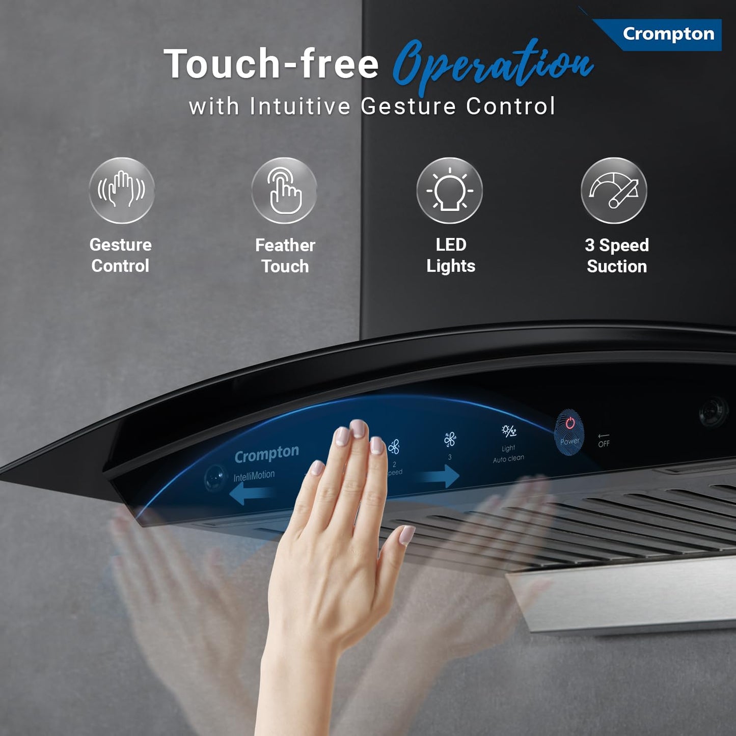 Crompton IntelliMotion CHD-IMC90BFA-MBL 90 cm Chimney IntelliMotion Curved | Thermal Auto Clean | Gesture &amp; Touch Control | Suraj Electronics Delhi NCR