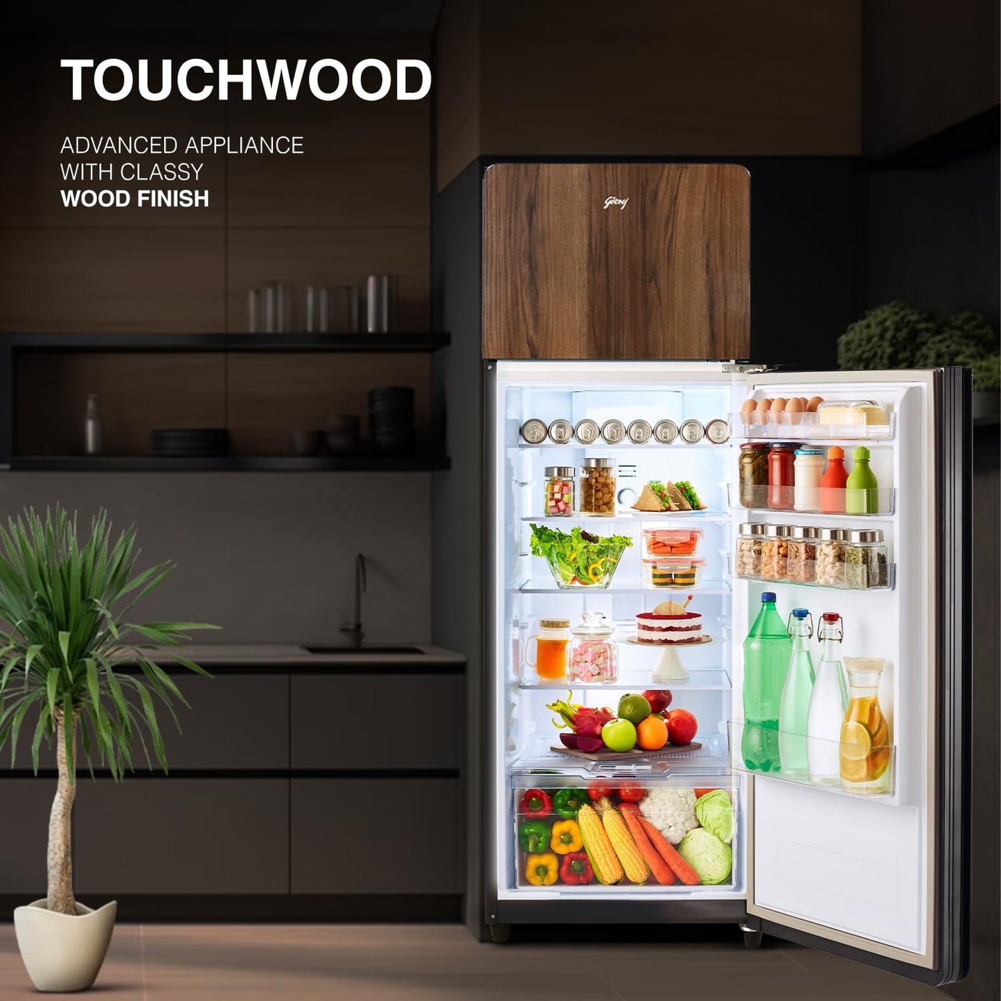 Godrej  RT EONVOGUE 310B RI WT WD 272 L 2 Star Wood Finish, 30 Days Farm Freshness, Frost Free Inverter Double Door Refrigerator ( Walnut Wood)