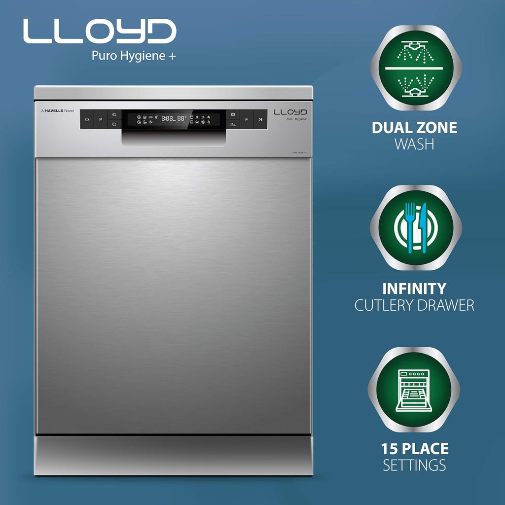 Lloyd 15 Place Settings Dishwasher (LDWF15PSA1TS) – Auto Open Dry, 65°C Hot Wash, Infinity Drawer, Dual Zone, Sparkle Clean Technology | Puro Hygiene+ Silver |