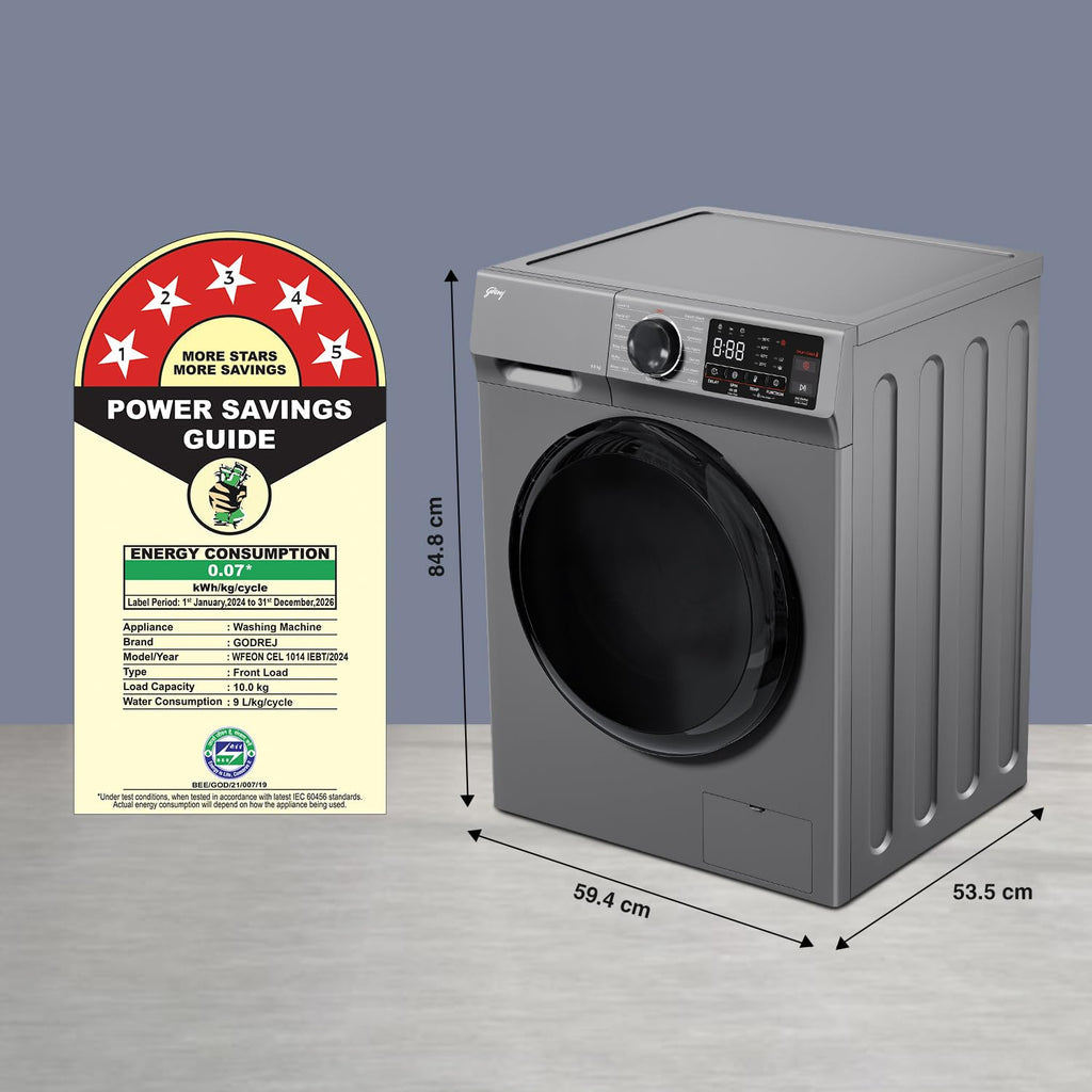 Godrej WFEON CEL 1014 IEBT SLSR 10 Kg 5 Star, With AI Tech, Digi Inverter Fully-Automatic Front Load Washing Machine (  Silver Stream, With Steam Wash)
