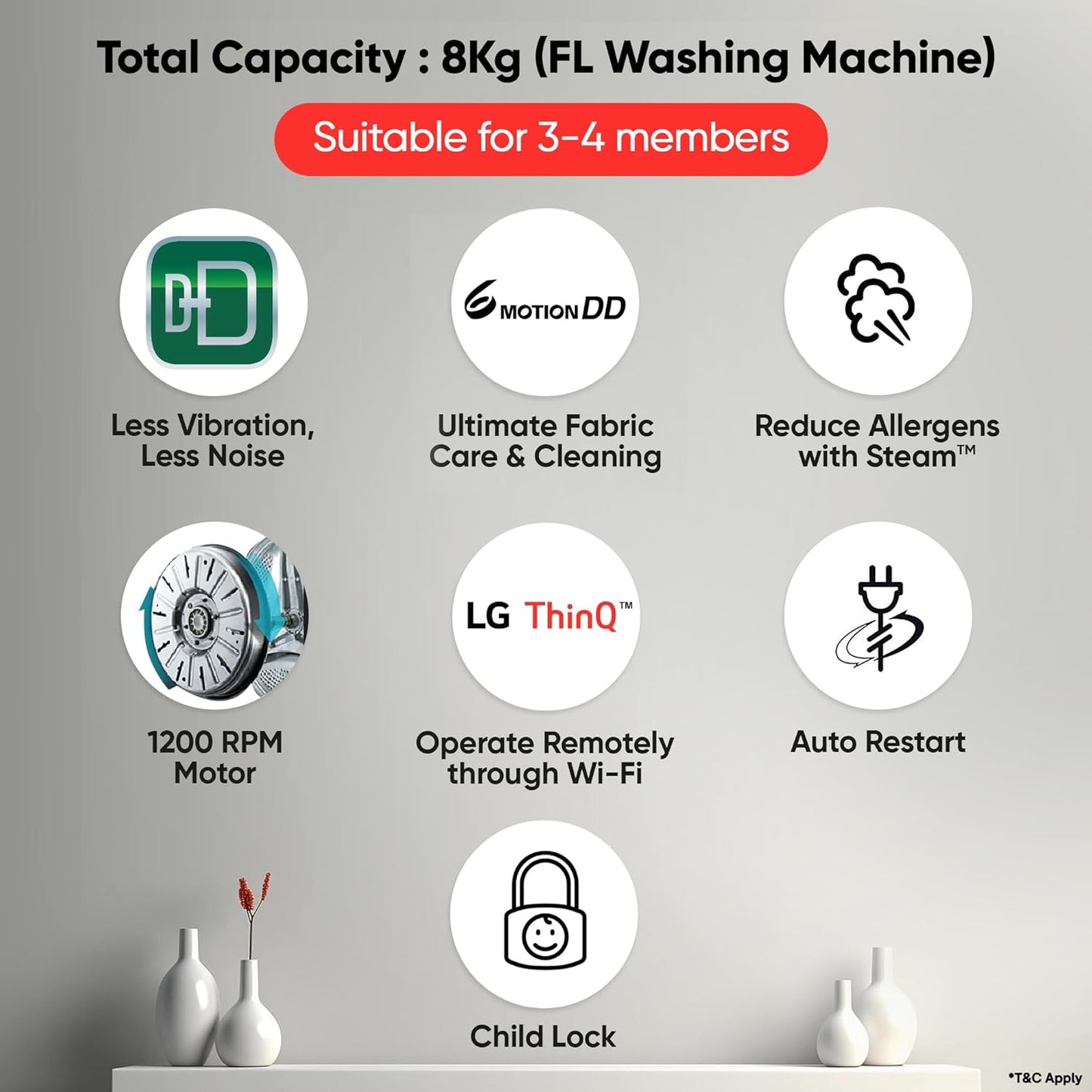 LG FHB1208Z2M 8KG Front Load Washing Machine, Inverter Direct Drive, Middle Black