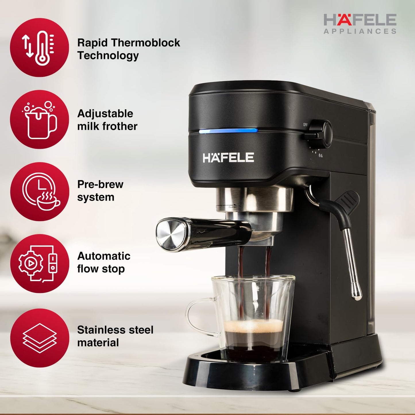 Hafele U-Kaffee Espresso Coffee Machine | 15-Bar Pressure | Adjustable Milk Frother | Thermoblock 1450W | Suraj Electronics Delhi NCR