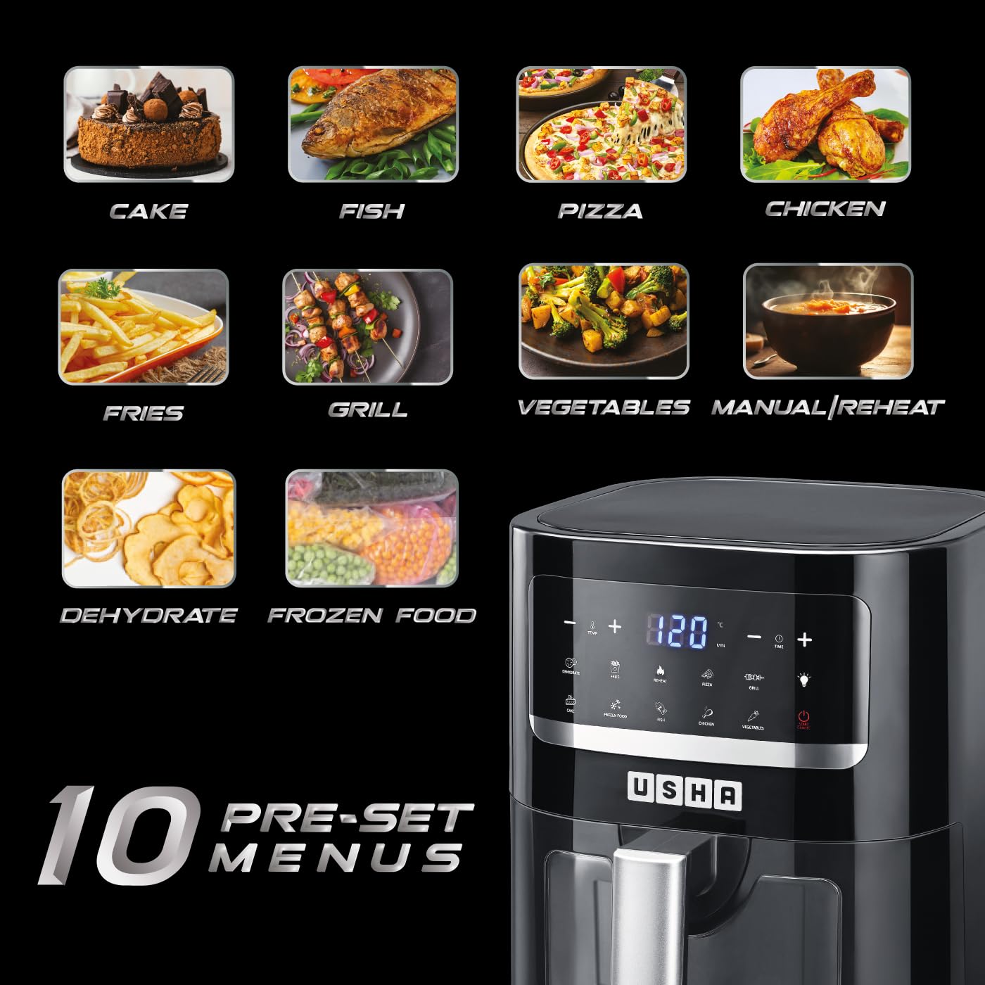 Usha Smart Air Fryer 4.5L | 10-in-1 Functions | 1350W Turbo Air Circulation | Auto Pause | Suraj Electronics Delhi NCR
