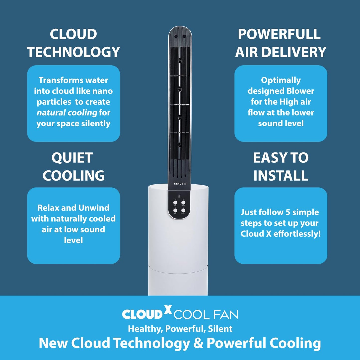 SINGER Cloudx Cool Fan SCF160CXWGTE with Cloud Technology | Silver Coated Mesh Filter | Quite Mode | Point Anywhere Remote Control | Portable | 5 L Tank | 8 Hours Cooling | 3 Speed Air Modes | 2 Years Warranty