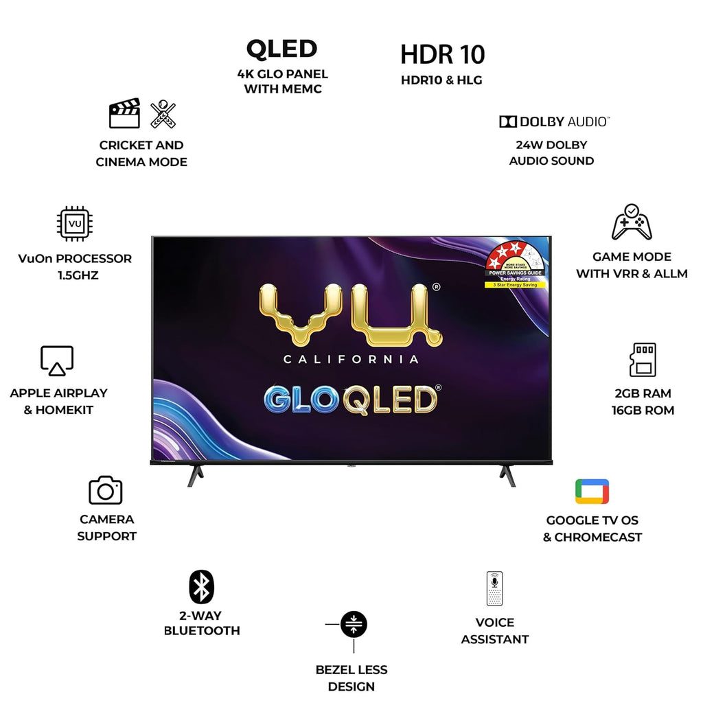 Vu 55QLED25 139cm (55”) GloQLED 4K QLED Google TV – Dolby Audio, AI Picture, 3-Year Warranty (2025)