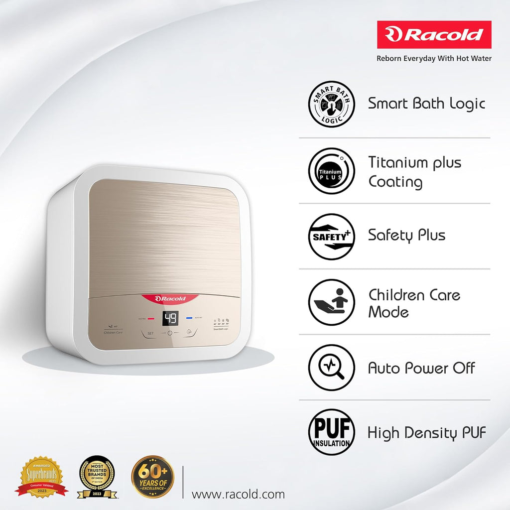 Racold Omnis DG 15L Vertical 5 Star Storage Water Heater (Geyser) Sandstorm Gold | Touch Control | Smart Bath Logic | Silver-Ion Technology | Auto Diagnosis | Free Installation & Pipes | 2kW