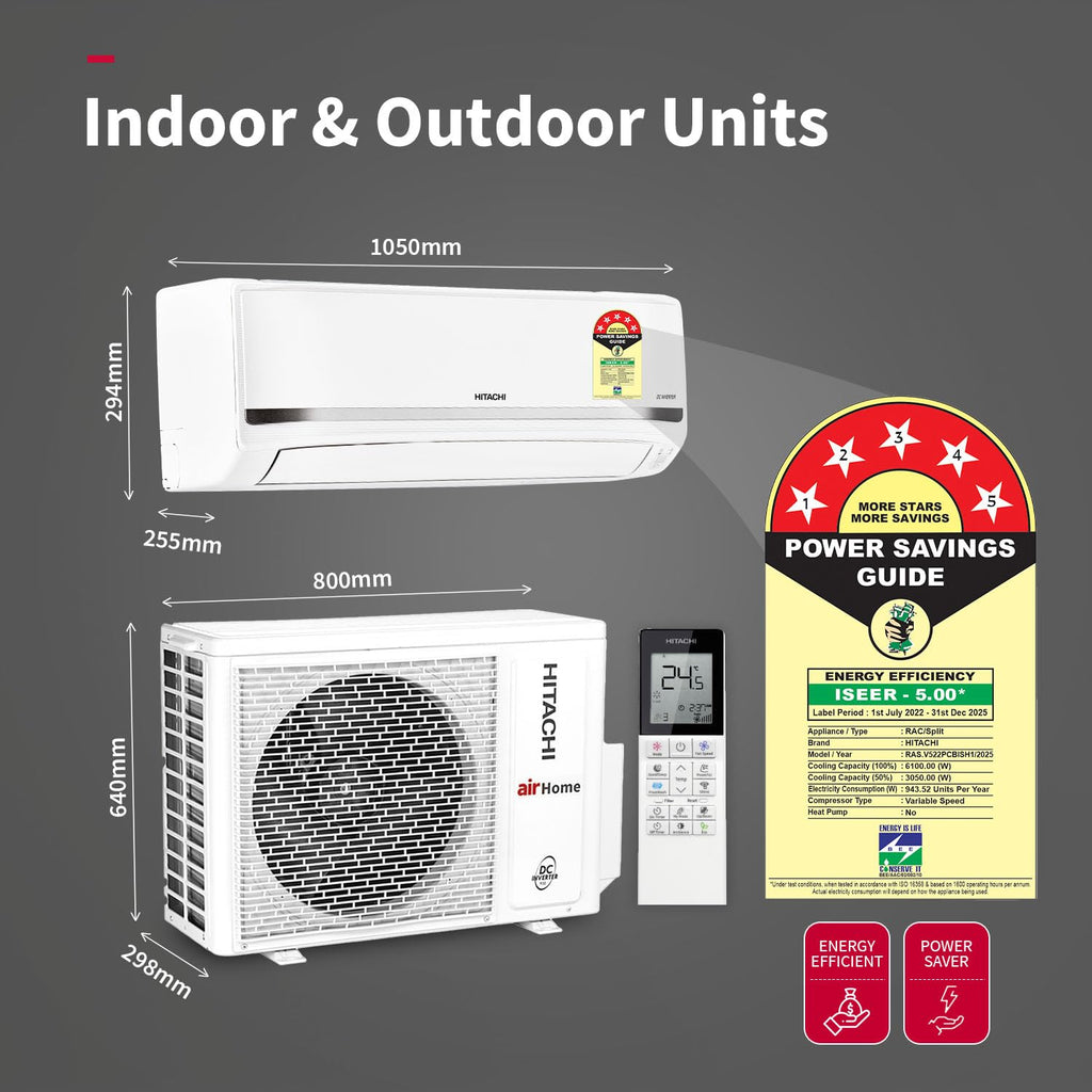 Hitachi RAS.V522PCBISH1 1.8 Ton Class 5 Star, 4-Way Swing, ice Clean, Xpandable+, Inverter Split AC (100% Copper, Dust Filter, 5500STXL  White)