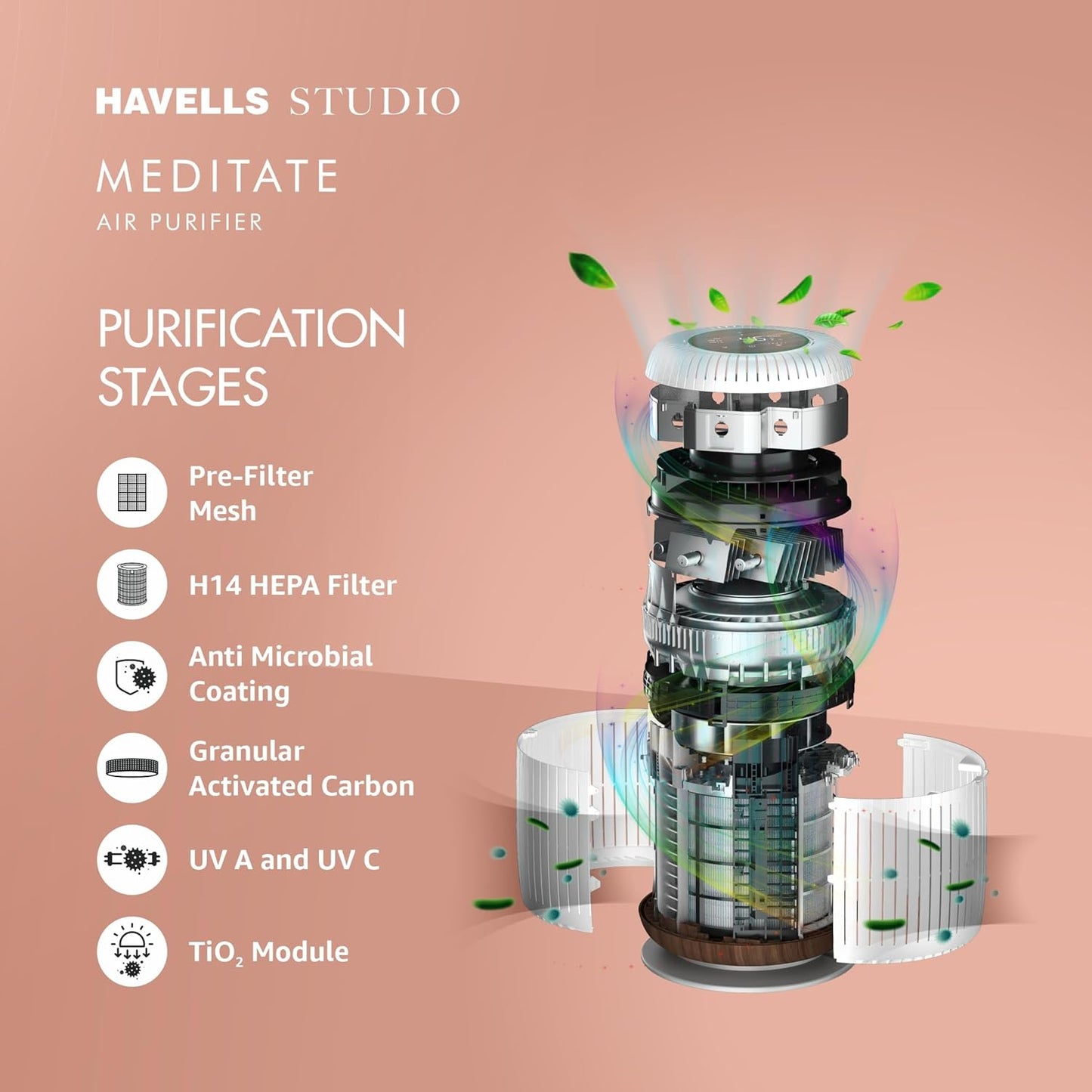 Havells Studio Meditate AP 250 Air purifier  | Remote Control with TiO2 module & Integrated H14 HEPA filter (Silver Satin)