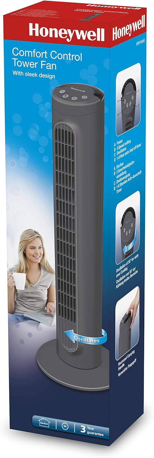 Honeywell HYF1101E1 Comfort Control Tower Fan – 3 Speed, 55° Oscillation, Auto Shut-Off Timer, Portable Floor Fan for Home & Office (Black)