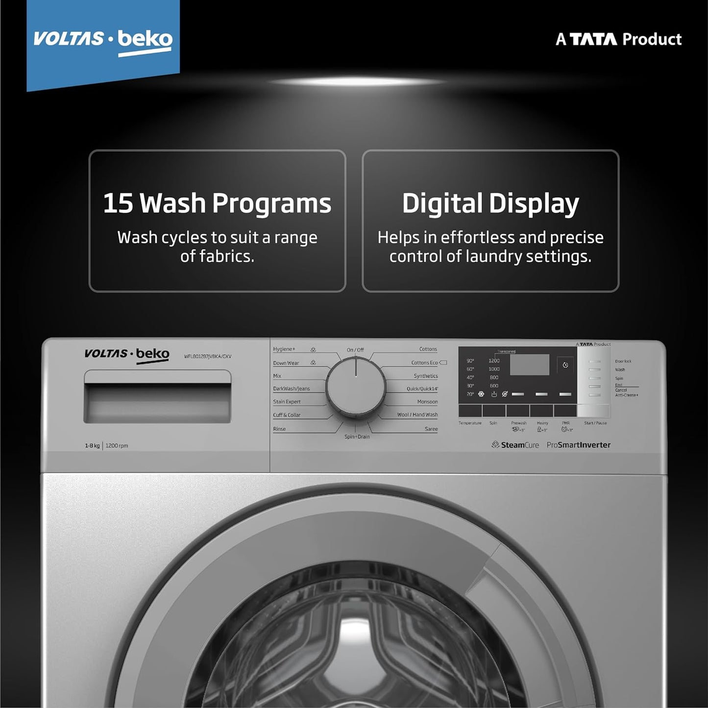 Voltas WFL8012B7JVBKA/GXV 8 Kg 5 Star Inverter Quick wash Fully-Automatic Front Loading Washing Machine (Grey, In buit Heater/Hygiene steam)
