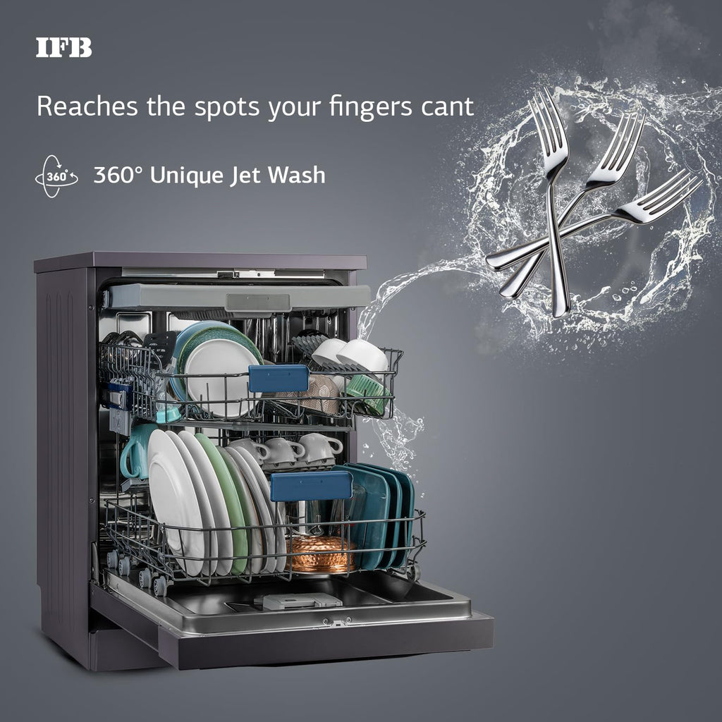 IFB Neptune VX16 16 Place Setting Dishwasher (Inox Grey) | Auto Door Open, ION Tech, 360° Spray Arms, Steam Drying