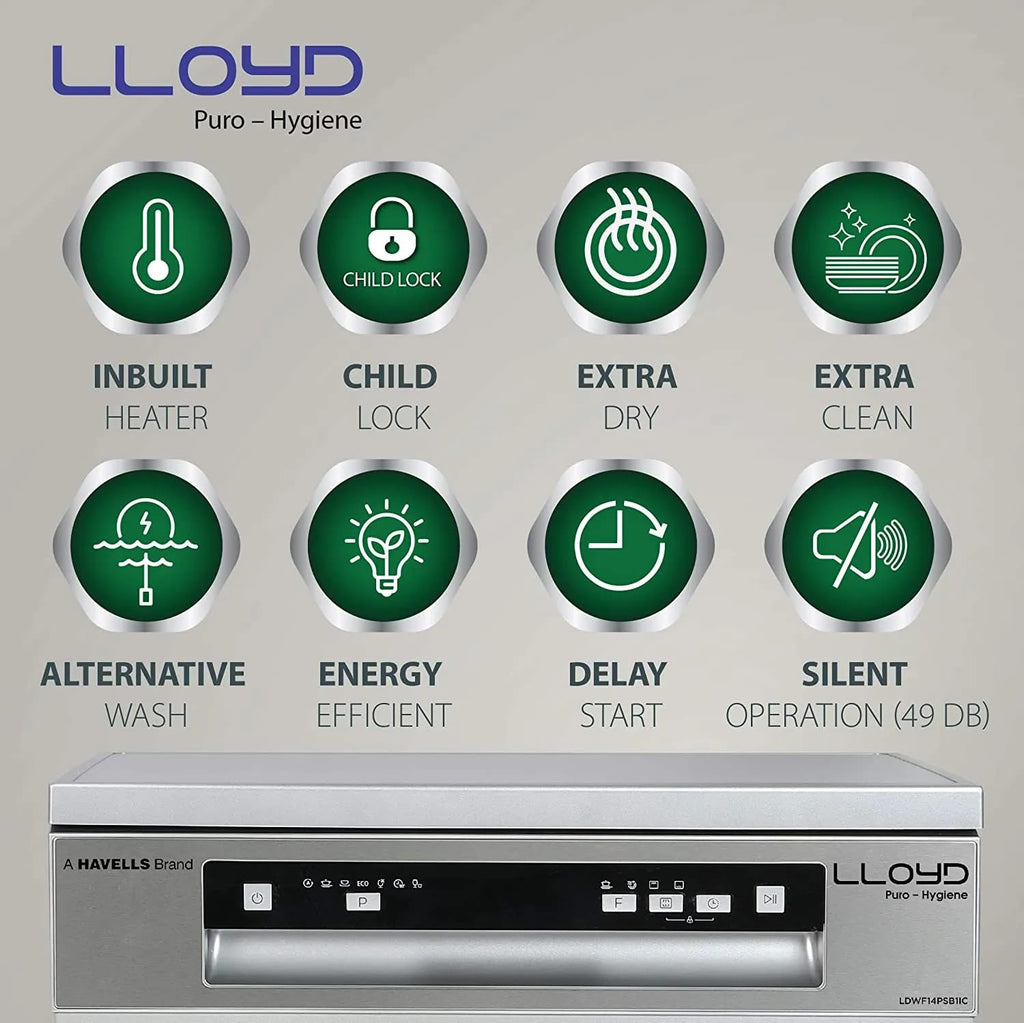 Lloyd LDWF14PSB1IC Puro Hygiene Dishwasher (14 Place Settings, 70°C Hot Wash, Infinity Cutlery Drawer, Silver)