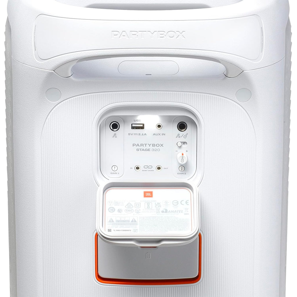 JBL Partybox 320 (White) 240W Portable Bluetooth Party Speaker | AI Sound Boost | Futuristic Light Show | 18H Battery | Mic & Guitar Input