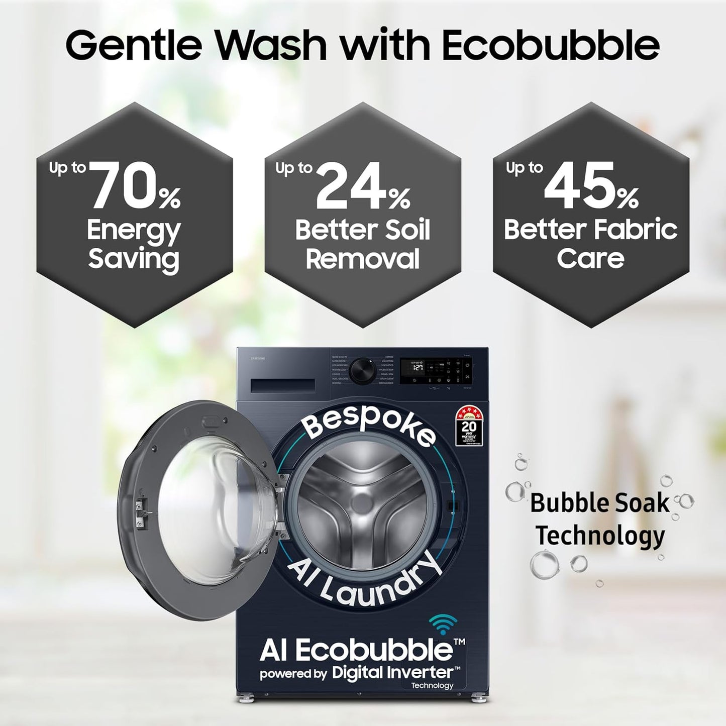 Samsung WW90DG5U24ABTL 9 Kg 5 Star Front Load Washing Machine with Inbuilt Heater, AI EcoBubble & WiFi (Black)
